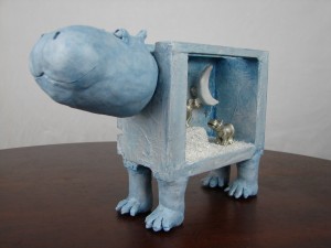 One-Of-A-Kind Hippo Sculpture Art Piece from Wooden Crate and PaperClay